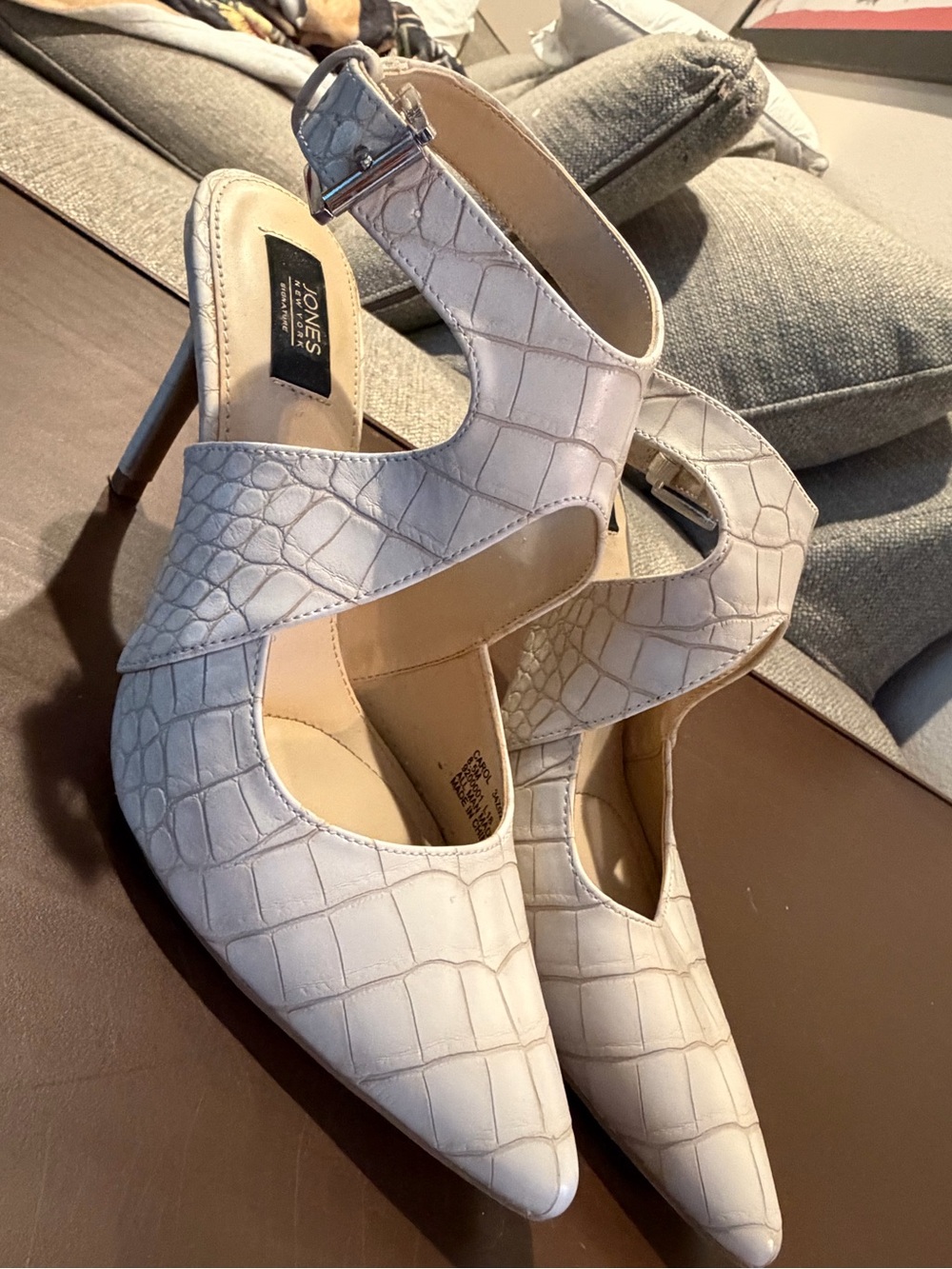 Jones New York "Carol" bone Croc-Embossed Pointed-Toe Heels
